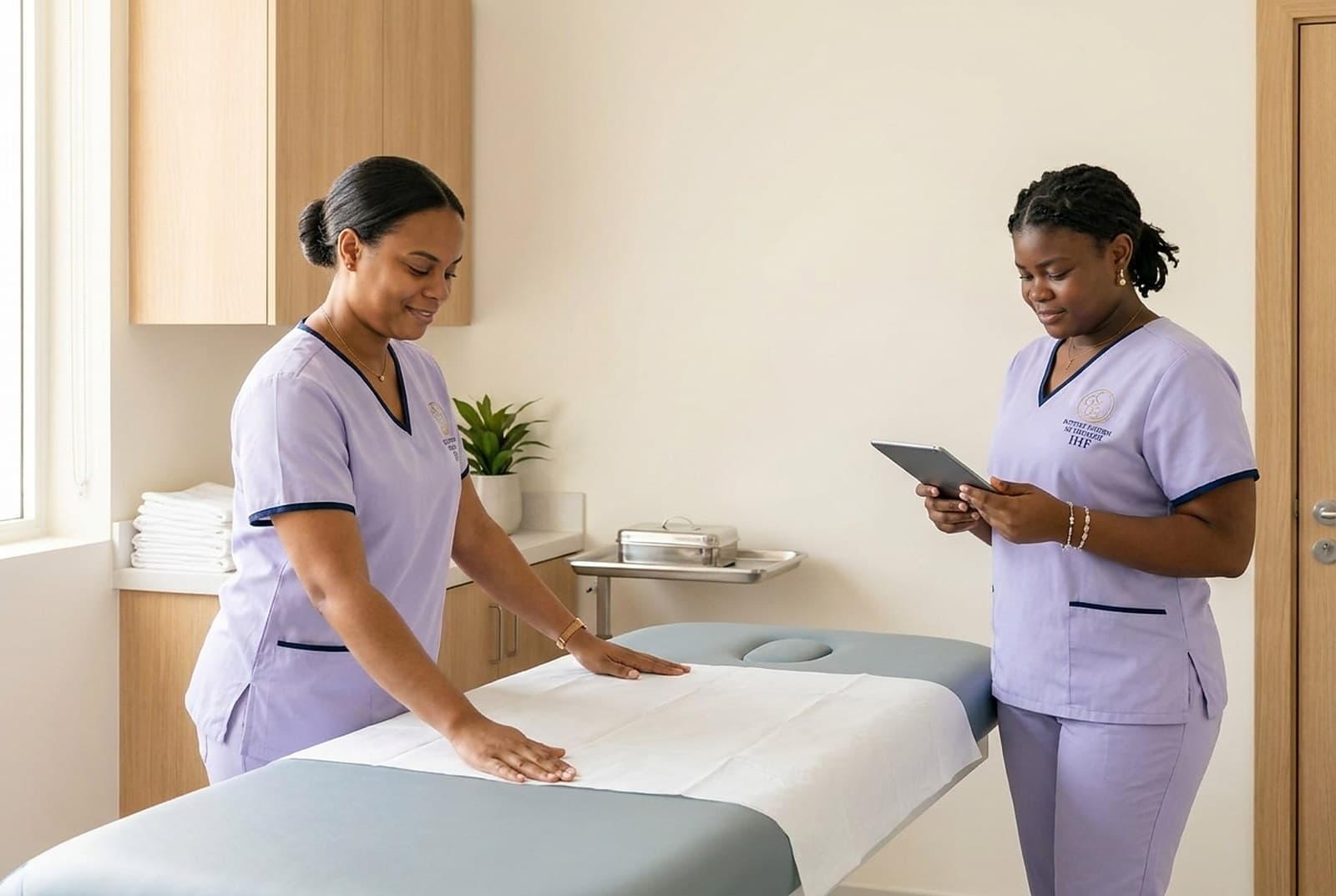 Des infirmières préparant une salle de consultation